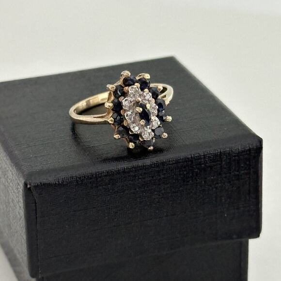 Vintage 10K Yellow Gold Sapphire & Diamond Halo Cluster Ladies Band Ring Size 6 - Picture 10 of 16